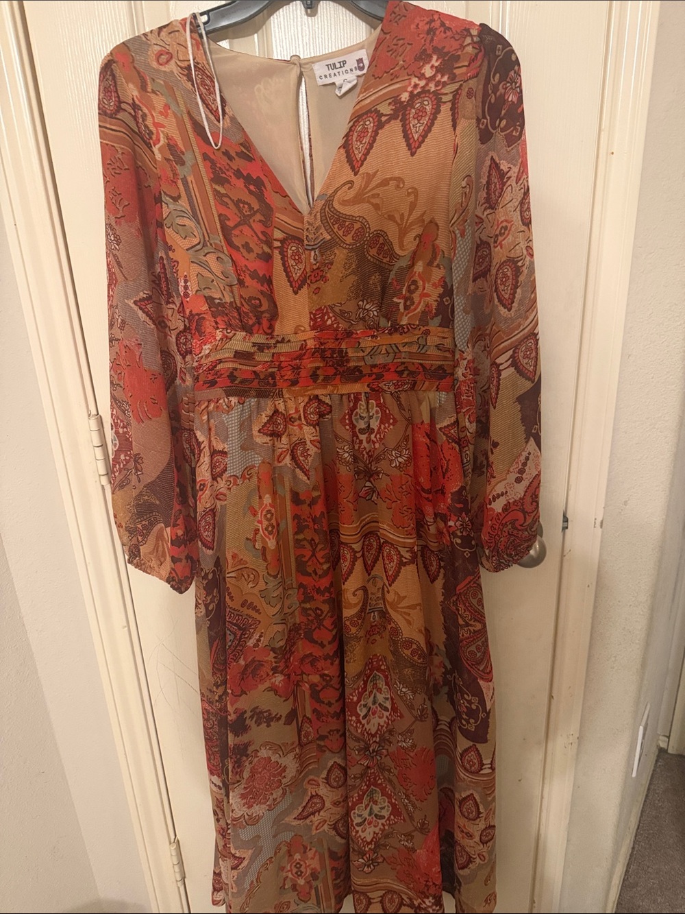Tulip Multicolor Paisley Long-Sleeve Midi Dress in Rust/Olive